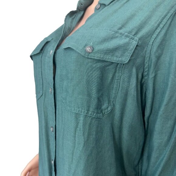 Eddie Bauer Women Petite PM Button Up Shirt Top Green Shaped Fit Business Casual - Picture 9 of 11
